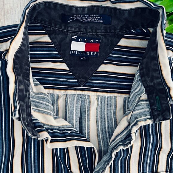 TOMMY HILFIGER Vintage Blue White Vertical Stripe Button Down Shirt Lion Logo XL - Picture 5 of 7